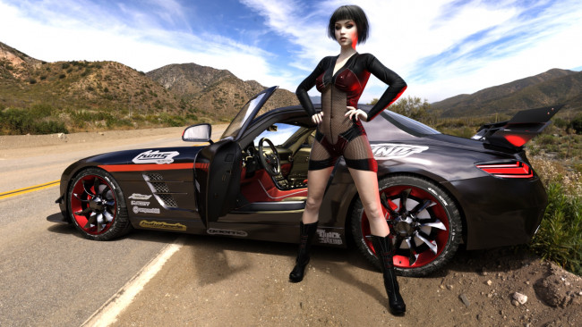 Обои картинки фото 3д графика, люди-авто, мото , people- car ,  moto, фон, взгляд, девушка, автомобиль