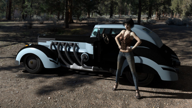 Обои картинки фото 3д графика, люди-авто, мото , people- car ,  moto, автомобиль, фон, взгляд, девушка