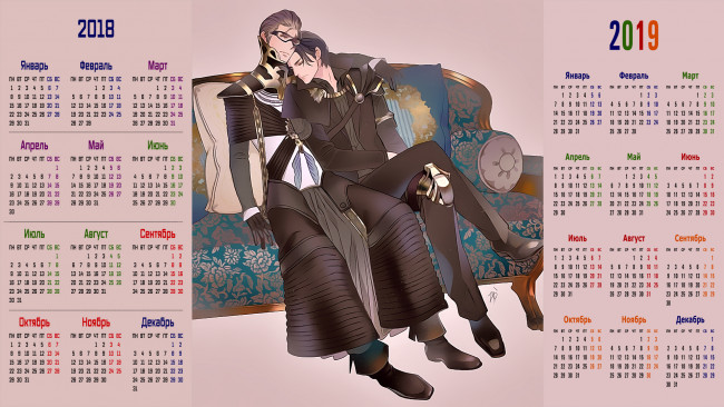 Обои картинки фото календари, аниме, диван, двое, мужчина
