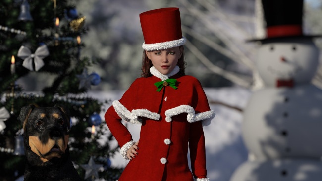 Обои картинки фото 3д графика, праздники , holidays, девушка, взгляд, фон, снеговик