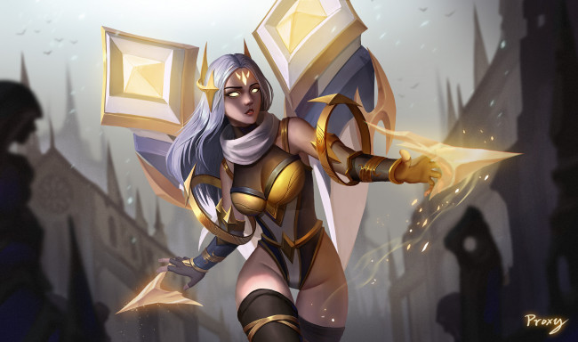 Обои картинки фото видео игры, league of legends, kaisa, магия, город