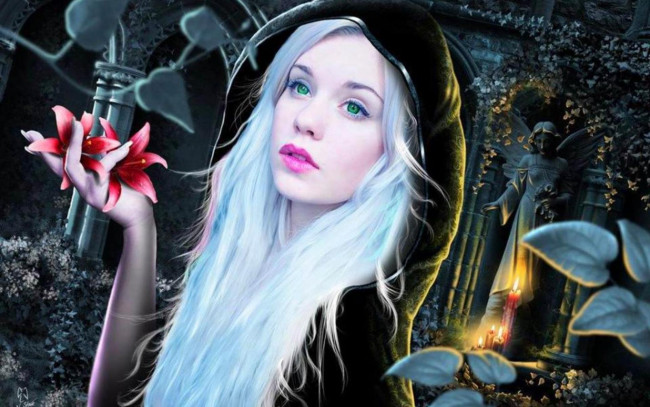 Обои картинки фото фэнтези, фотоарт, девушка, капюшон, цветы, дворец