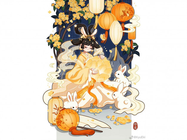 Обои картинки фото аниме, животные,  существа, девушка, кролики