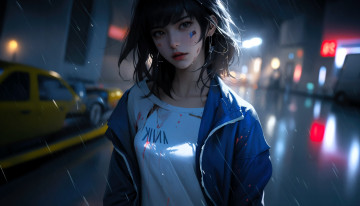 Картинка аниме город +улицы +интерьер +здания девушка дождь