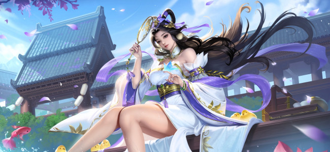 Обои картинки фото видео игры, league of legends, девушка, веер, здание, циплята, рыбка