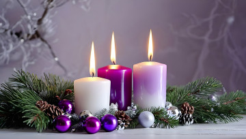 обоя праздничные, новогодние свечи, шишки, свечи, шарики, огоньки