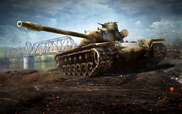 обоя видео игры, world of tanks, танк, мост, река, облака