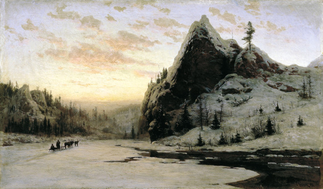 Обои картинки фото карасев владимир - на урале, рисованное, живопись, горы, снег, зима, лес, река, сани, олени