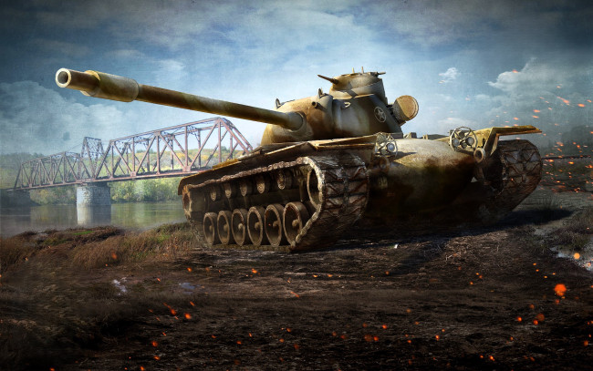 Обои картинки фото видео игры, world of tanks, танк, мост, река, облака