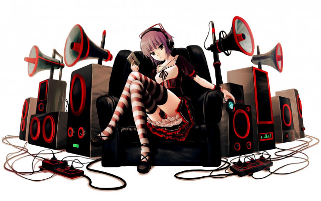 Обои картинки фото аниме, the, melancholy, of, haruhi, suzumiya, кресло, рупор, колонки, аудиосистема, наушники, nagato, yuki