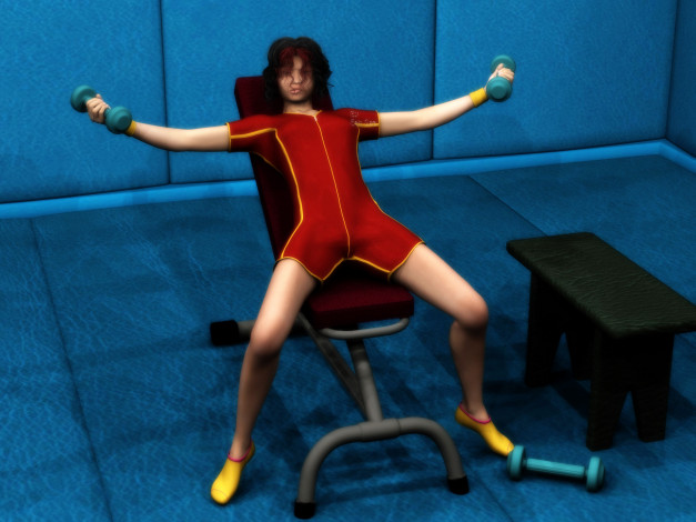 Обои картинки фото 3д, графика, people, люди, гантели, девушка, спортзал