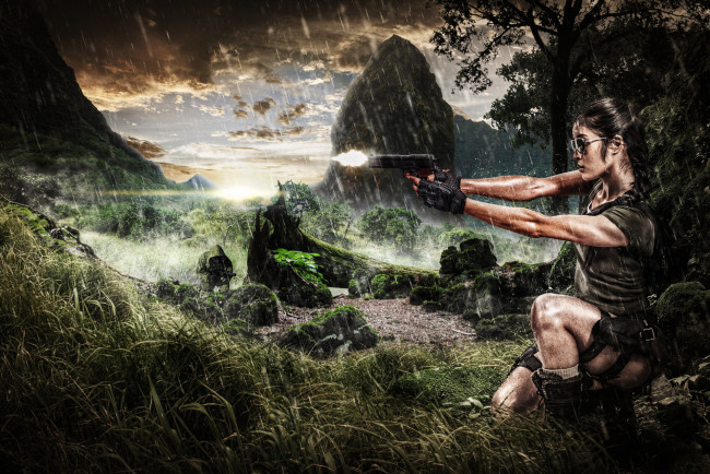 Обои картинки фото фэнтези, девушки, пистолет, лара, крофт, дождь