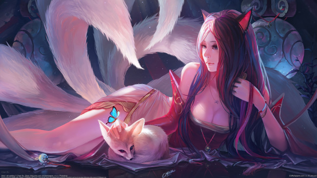 Обои картинки фото chen bo, фэнтези, существа, девушка, хвост, chen, bo, лисичка, лиса, фенек