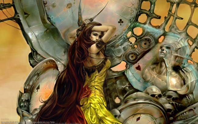 Обои картинки фото hong kuang, фэнтези, красавицы и чудовища, hong, kuang, девушка, существо, черепа
