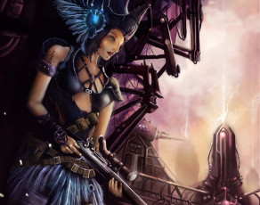 Картинка фэнтези девушки город оружие девушка арт шлем