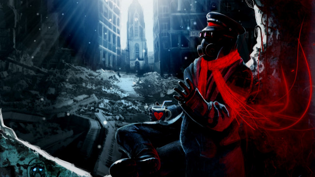 Обои картинки фото фэнтези, романтика апокалипсиса, город, апокалипсиса, романтика, шарф, капитан, руины, развалины, человек, противогаз