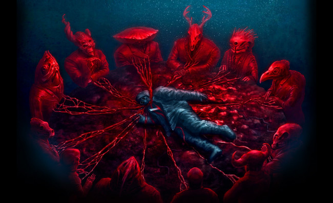 Обои картинки фото фэнтези, романтика апокалипсиса, романтика, стол, монстры, человек, собрание, существа, апокалипсиса