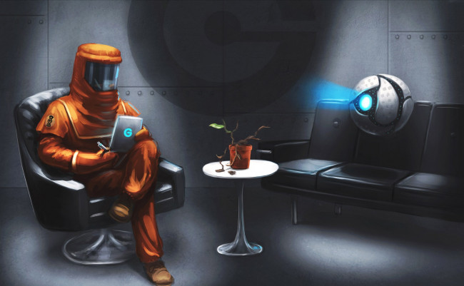 Обои картинки фото фэнтези, романтика апокалипсиса, комната, столик, листик, растение, диван, скафандр, кресло, человек, романтика, апокалипсиса, горшок