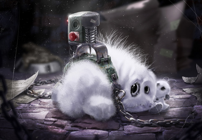 Обои картинки фото фэнтези, существа, арт, пуговица, зайчик, кролик, листы, записи, игрушка, паутина, пытки, пыль, пушистый, белый, пленник, цепи, зверек