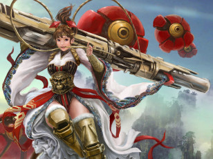 Картинка аниме оружие +техника +технологии арт девушка взгляд поза корсет