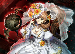 Картинка аниме животные +существа существо фата свадебное платье midori foo декольте art глаз невеста цветы