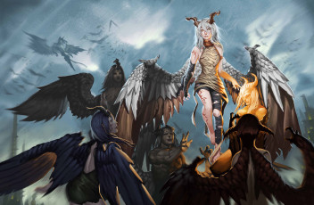 Картинка фэнтези демоны рога крылья взгляд фон мужчины девушки