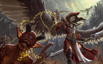 Картинка фэнтези ангелы битва крылья фон существо девушки