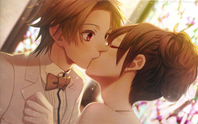 Обои картинки фото аниме, clock zero, поцелуй, жених, и, невеста, галстук-бабочка, art, шея, journalist, clock, zero, nadeshiko, kurou, visual, novel, nagaoka, свадьба