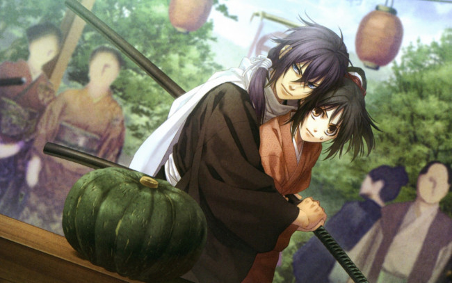 Обои картинки фото аниме, hakuouki, катана, yukimura, chizuru, shinsengumi, kitan, тыква, демоны, бледной, сакуры, yone, kazuki, art, люди, saitou, hajime, двое