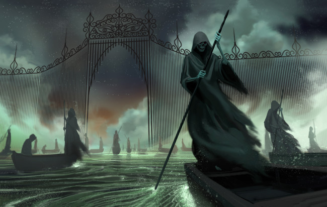 Обои картинки фото фэнтези, нежить, волрота, лодка, плащ, капюшон, вода, скилет