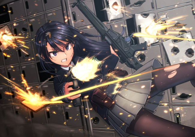 Обои картинки фото аниме, оружие,  техника,  технологии, взгляд, фон, девушка