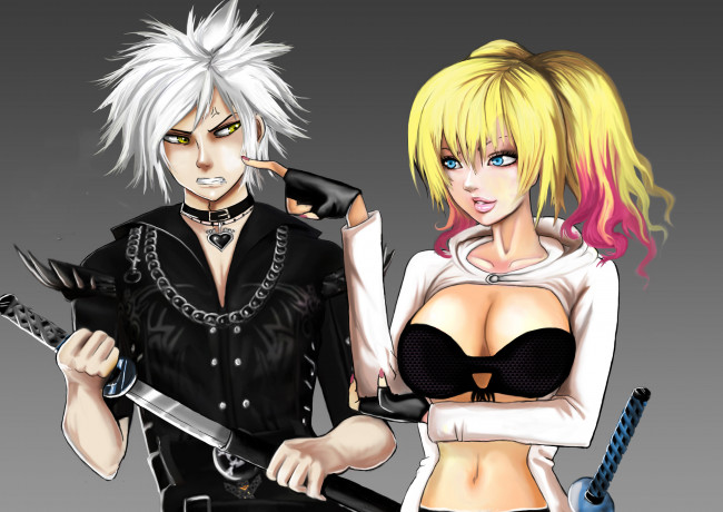 Обои картинки фото аниме, оружие,  техника,  технологии, мужчина, девушка, меч