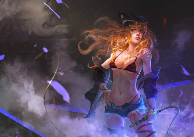 Обои картинки фото фэнтези, девушки, кнут, купальник, взгляд, фон, девушка