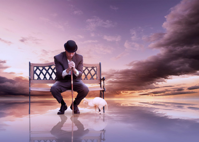 Обои картинки фото разное, компьютерный дизайн, облака, кот, мужчина