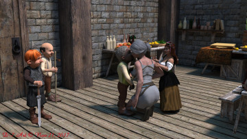 Картинка ciri+and+the+dwarfs 3д+графика фантазия+ fantasy фон взгляд девушка