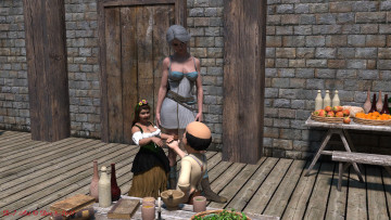 обоя ciri and the dwarfs, 3д графика, фантазия , fantasy, взгляд, девушка, фон