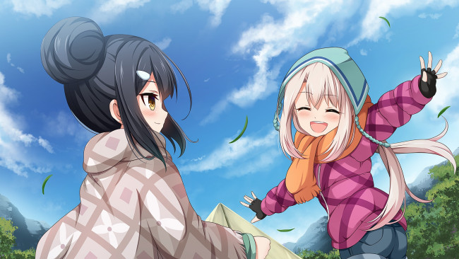 Обои картинки фото аниме, laid-back camp, взгляд, фон, девушки