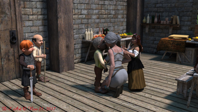 Обои картинки фото ciri and the dwarfs, 3д графика, фантазия , fantasy, фон, взгляд, девушка