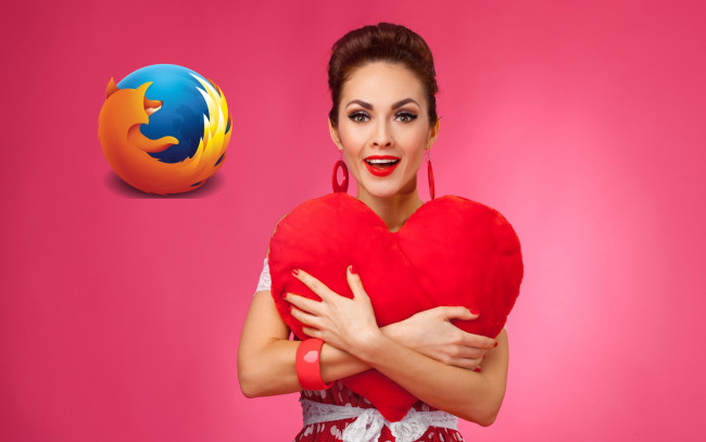 Обои картинки фото компьютеры, mozilla firefox, девушка, логотип, фон, взгляд