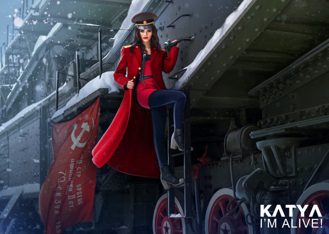 Обои картинки фото рисованное, люди, флаг, пальто, взгляд, девушка, фон