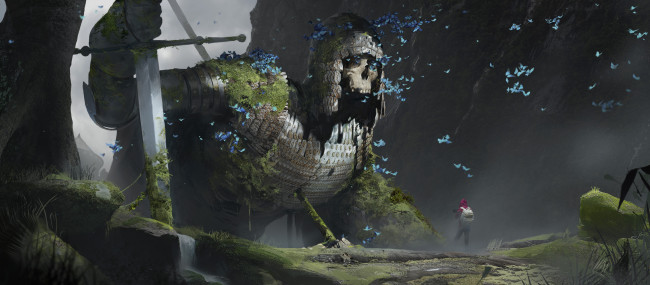 Обои картинки фото фэнтези, иные миры,  иные времена, рыцарь, фон, великан, скелет, череп, меч, человек