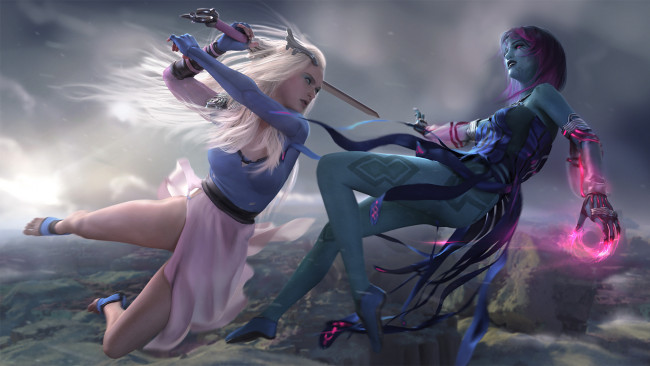 Обои картинки фото 3д графика, фантазия , fantasy, девушки, фон, бой