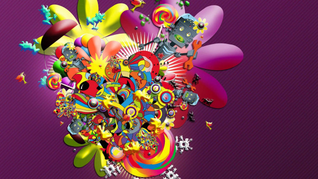 Обои картинки фото векторная графика, другое , other, роботы, леденцы, черти, птички