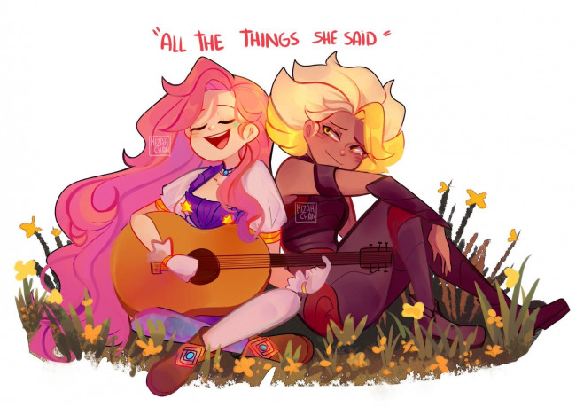 Обои картинки фото видео игры, league of legends, seraphine, rell, гитара, цветы, музыка