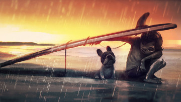 Картинка рисованное дети мальчик собака серф дождь