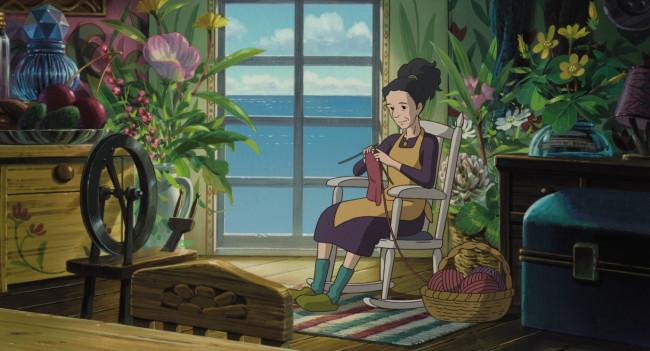 Обои картинки фото arriety, аниме, город,  улицы,  интерьер,  здания, женщина, вязание, окно, кресло, прялка