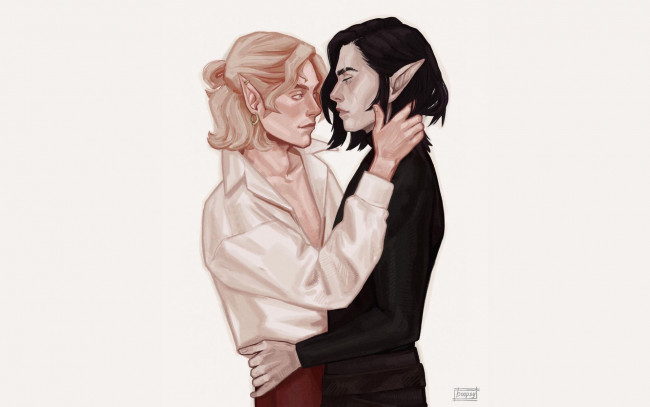 Обои картинки фото аниме, животные,  существа, парни, эльфы, объятия