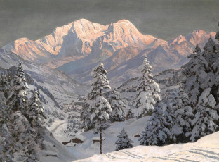 обоя рисованное, alois arnegger, горы, снег, зима, деревья, лес, дома, следы