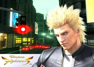 обоя видео игры, virtua fighter 5, парень, блондин, лицо, куртка, город, улица, машины