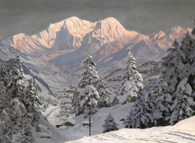 Обои картинки фото рисованное, alois arnegger, горы, снег, зима, деревья, лес, дома, следы